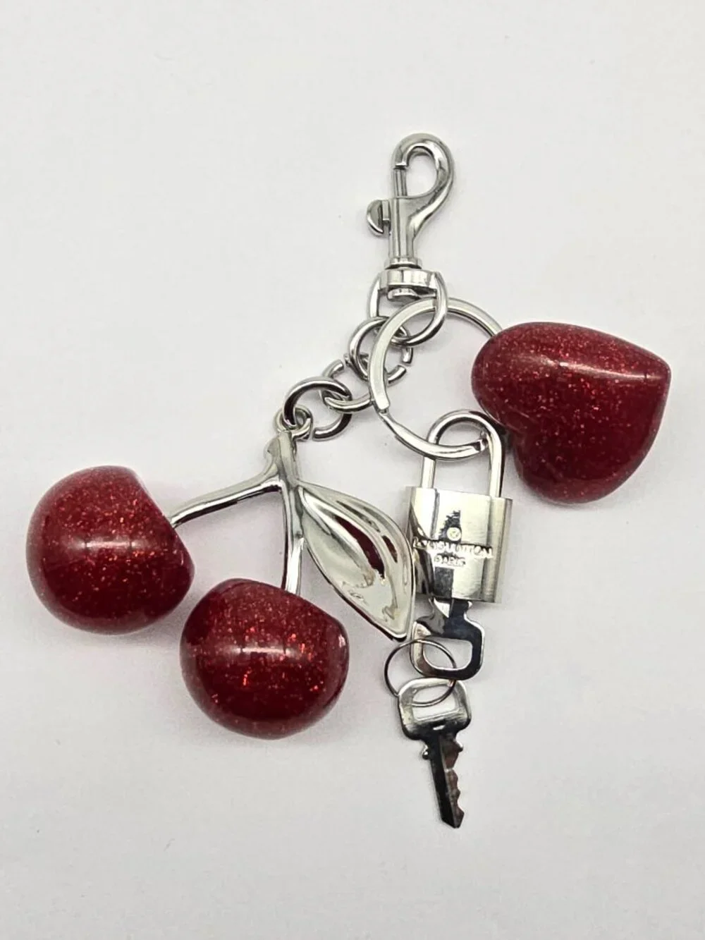 Authentic Louis Vuitton Silver Padlock with Unbranded Red Cherry Charm